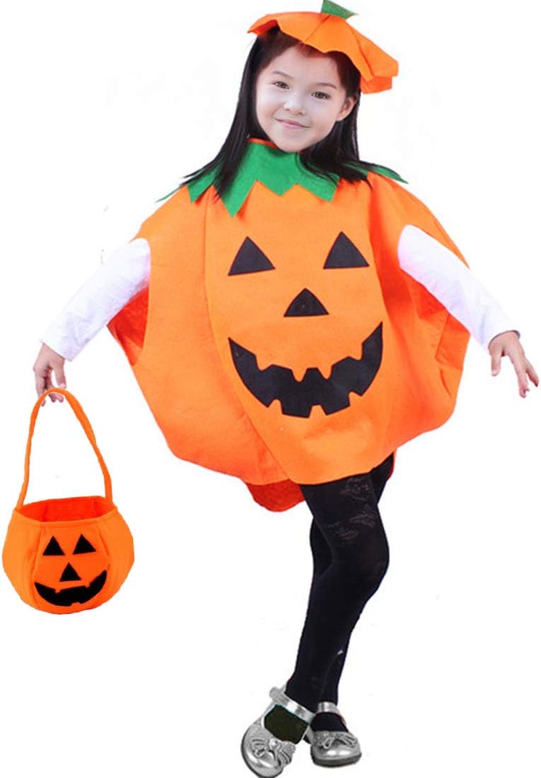 Halloween Pumpkin Costume for Kids Children Cosplay Party Unisex Including Pumpkin Clothes，Hat and Bag Yellow