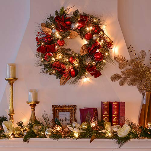 Valery Madelyn Pre-Lit 24" Trendy Red and Black Christmas Wreath with Ball Ornaments and Ribbon, Battery Operated 20 LED Lights - Thumbnail 5