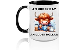 Funny Highland Cow Coffee Mug, An Udder Day Design, 325 ml 11 oz Ceramic Cup, Black Handle, Microwave and Dishwasher Safe