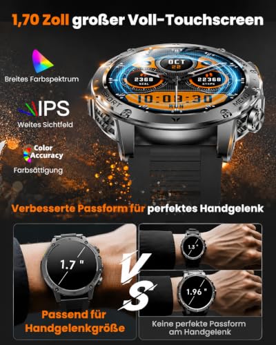 Karchilor Military Smartwatch Men's with 1000 mAh Battery - Fitness Watch with Bluetooth Calls, 1.7 Inch HD Display, LED Torch, IP68, 110+ Sports Modes, Heart Rate and Sleep Analysis, for iOS