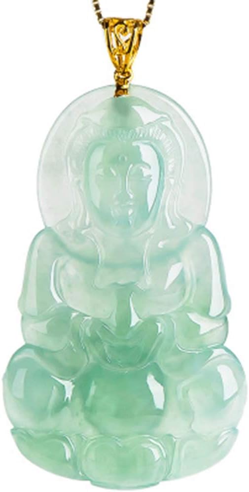 Natural AAAAA Grade Burma High Ice Flower Emerald Jade Jade Hand Carved Guanyin Pendant Necklace Men and Women Neck Accessories Send Silver Necklace