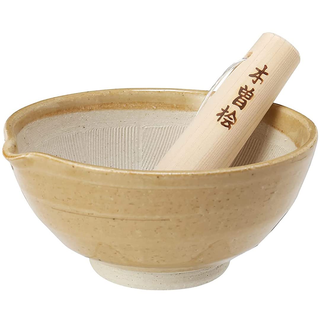 TIKUSAN Ceramic Ripple Ridge Mortar & Pestle (Suribachi & Surikogi) Set with Spout Made in Japan Mino Ware (Brown, Medium)
