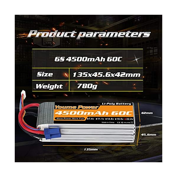Youme 6S Lipo Batterie, 22,2 V 4500 mAh Lipo Batterie 60C mit EC5 und XT90 Stecker für X-Klasse Drohnenrennen 70MM 8MM… – Bild 5