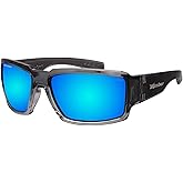 BOMBER Polarized Sunglasses for Men, 2 Tone Crystal Smoke Frame with Ice Blue Mirror Polarized Safety Lens z87 Compliant, UV Protection for Safety Glasses - BG114ICE