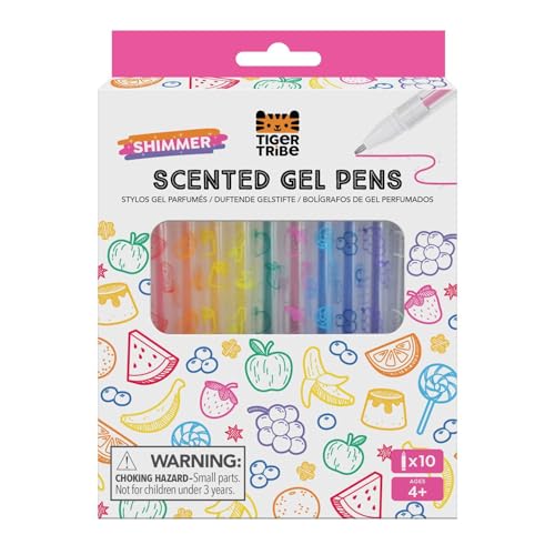 Tiger Tribe Shimmer Scented Gel Pens 10 Pack Fruity Dessert Scents Non-Toxic Washable Sparkling Ink for Kids Arts Crafts