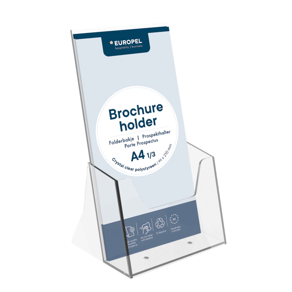 EUROPEL Brochure & Literature Holder, 1/3 A4 Size, Impact Resistant Plastic Construction, Booklet, Flyer & Menu Display & Dispenser for Office, Restaurants & Reception, Portrait, Clear