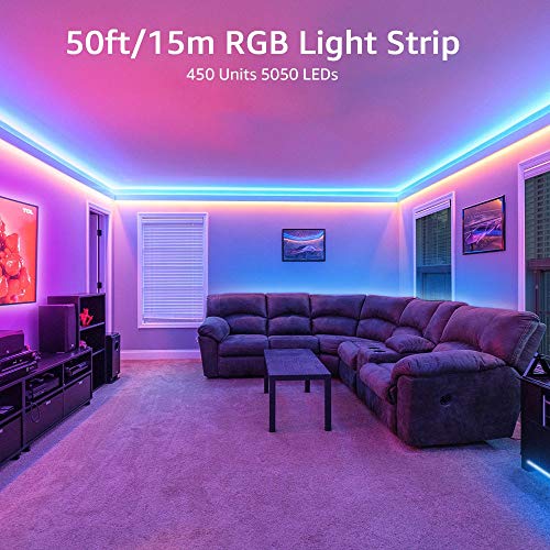 Olafus 50ft RGB LED Strip Lights Kit with Power Adapter, Dimmable Color