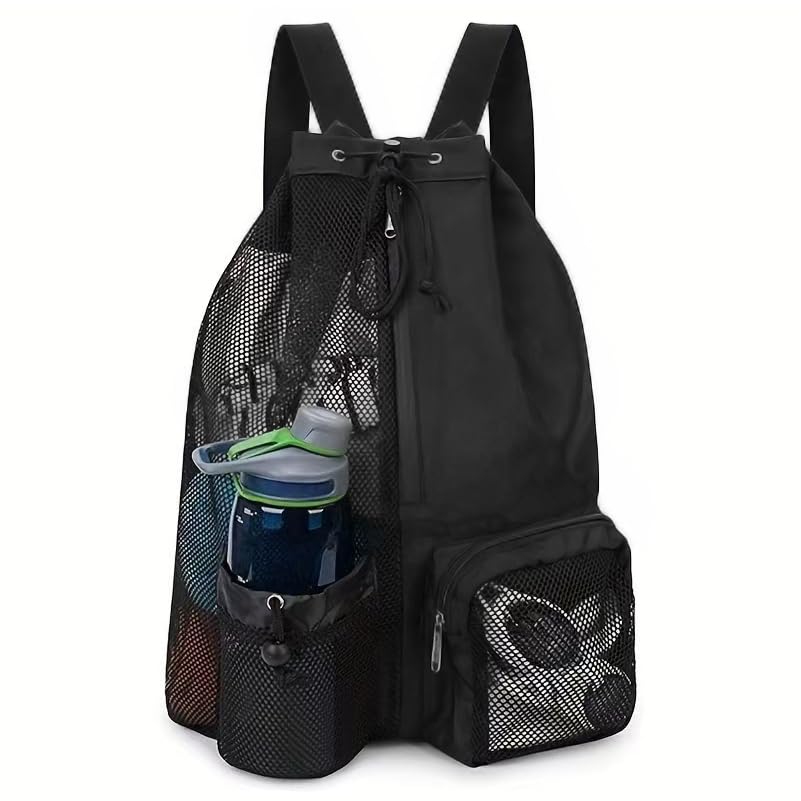 JSNOM Gym Bag Sports Backpack: Drawstring Waterproof Large with Outer Pocket Zip Inner Pocket for Teenagers Boys Girls (Black, L)