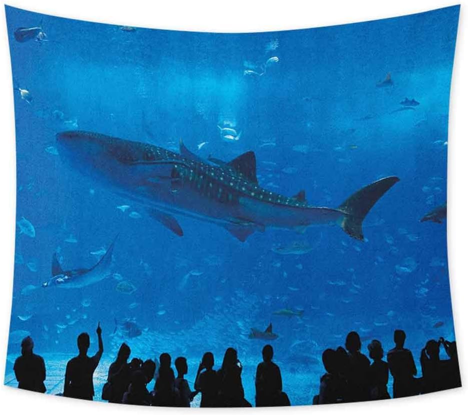 jecycleus Shark Wall Large Tapestry for Bedroom Japanese Aquarium Park with People Silhouettes Watching Underwater Life Hobby Image Trippy Tapestry Wall Decor W80 x L60 Inch Blue Black