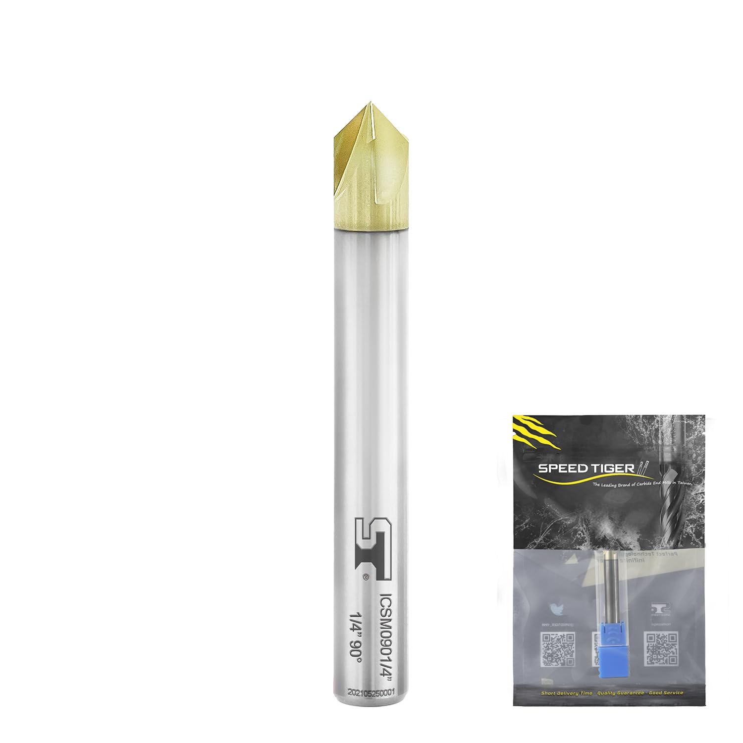 SPEED TIGER ICSM Chamfer End Mill - CNC Carving Bits, V Groove, 90 Degree, 1/4"Shank 2"OVL for Wood/Alloy Steels/Hardened Steels-Made in Taiwan(1 Piece, 90 Degree)