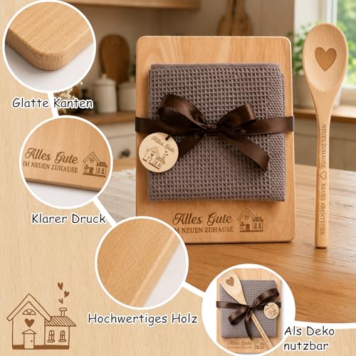 Giftota Housewarming Gifts - New Home Gift with Engraved Wooden Chopping Board, Cotton Kitchen Towel & Cooking Spoon Heart - House Warming, Home & Topping Out Party Gift