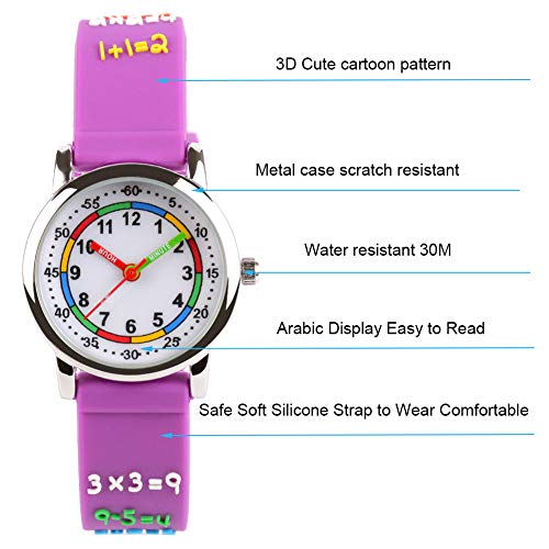 Venhoo Kids Watches 3D Cute Cartoon Waterproof Silicone Children Toddler Wrist Watch Time Teacher Birthday Gift for 3-10 Year Boys Girls Little Child (Metal Purple Number) - Thumbnail 2
