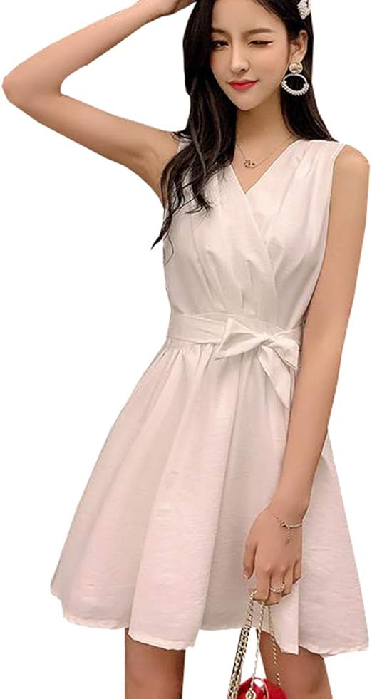 Amazon Yunhen レディース ワンピース ショート丈 フレアワンピース 無地 Vネック ファッション ショートワンピース フェミニン おしゃれ Aライン ワンピース 韓国 夏 ドレス 3白 ワンピース チュニック 通販
