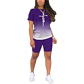 PINSV Women's 2 Piece Outfits Summer Printing Bodycon Short Pants Workout Sets