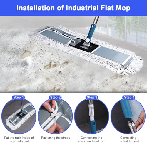 Industrial Flat Mop, 90cm Wide Flat Mop Large Commercial Thread Mops with 2 Washable Cotton Pads Stainless Steel Handle Wet Dry Dust Floor Cleaning Tool for Home Office Hotel Factory Floor Cleaner