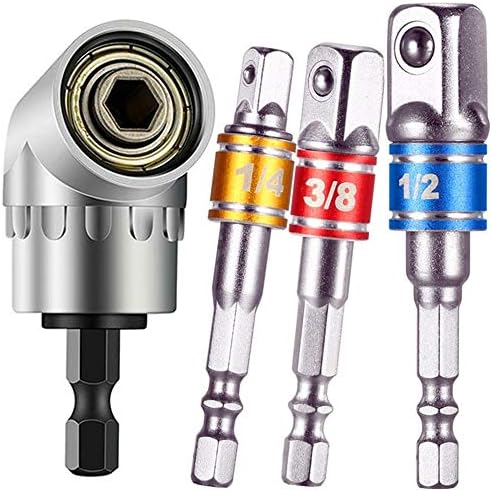 Right Angle Drill+Impact Grade Driver Sockets Adapter Extension Drill Bit Set, 105 Degree Right Angle Screwdriver Drill Attachmentset 1/4"Drive Hex Bit Socket Adapter,3Pcs 1/4" 3/8" 1/2" Hex Shank