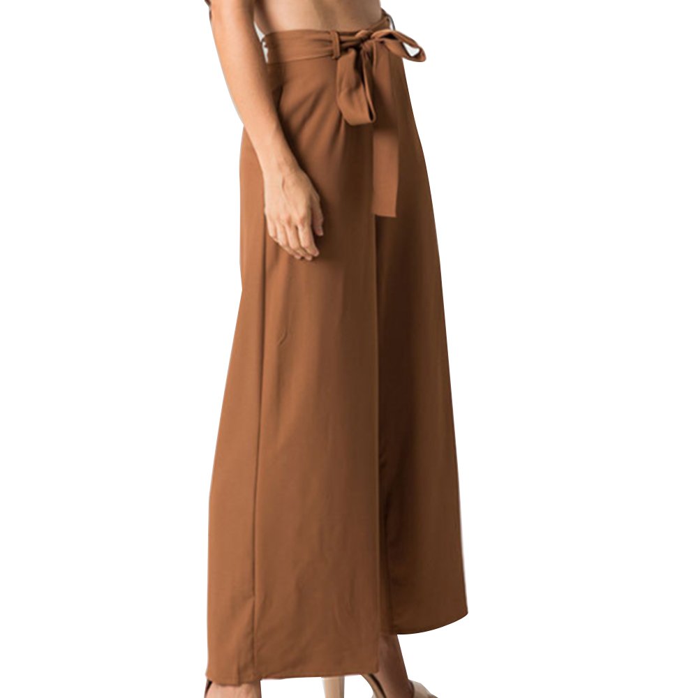 Women\'s Vintage Casual Loose Culottes High Waisted Wide Leg Belted Palazzo Pants Brown L