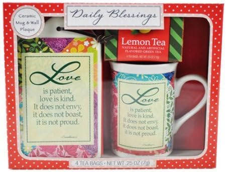 Daily Blessings LOVE Is Patient Ceramic Mug & Wall Plaque Sign Lemon Tea Gift Set