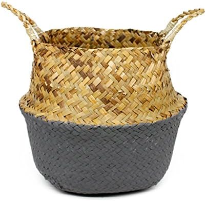TOOGOO Rattan Basket Straw Basket Garden Foldable Flower Pot Hanging Wicker Storage Basket Woven Seagrass Basket Rattan Flower Vase-Size M-Color Gray