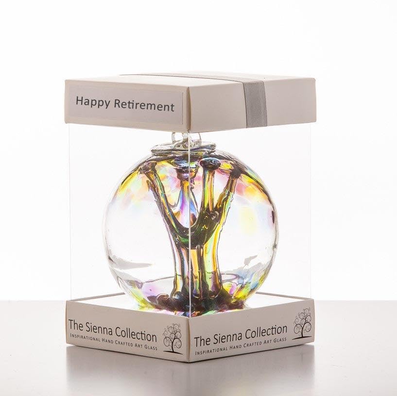 Happy Retirement Gift – 10cm Purple, Green & Blue Glass Spirit Ball – Handcrafted Keepsake Ornament for Retirement Celebrations, Unique Gift Idea