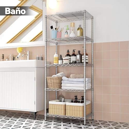 【Expandible】Estante de Almacenamiento de Metal de 5 Niveles(55x30x150CM), Estante Organizador Resistente, Rack Organizador Ajustable, Anaquel, 4 S-Ganchos, Cocina, Oficina, Despensa, Microondas(Plata)