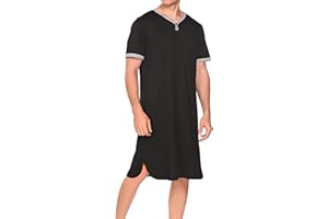 ASHER FASHION Mens Nightgown Henley Y-Neck Night Shirt for Sleeping Short Sleeve Loose Kaftan Sleepwear with Pockets