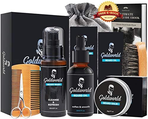 Beard Care & Grooming Kit w/Free Beard Shampoo,Unscented Beard Oil,Beard Balm,Beard Comb,Beard Brush,Beard Scissors,Storage Bag for Beard Care Growth by GoldWorld