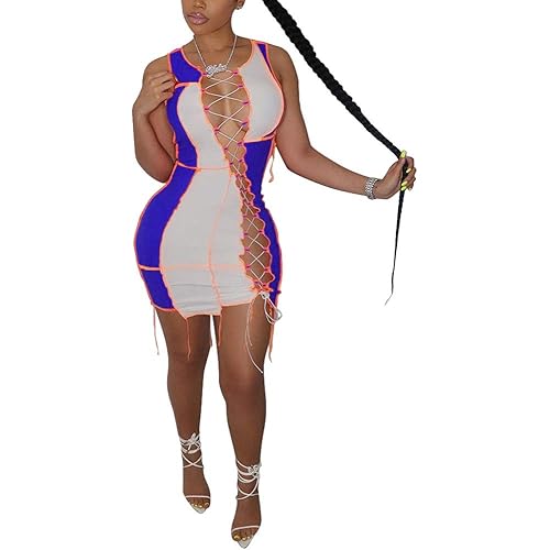 Annystore Women's Sexy Color Block Sleeveless Lace Up Bodycon Mini Dress Bandage Party Club Dress