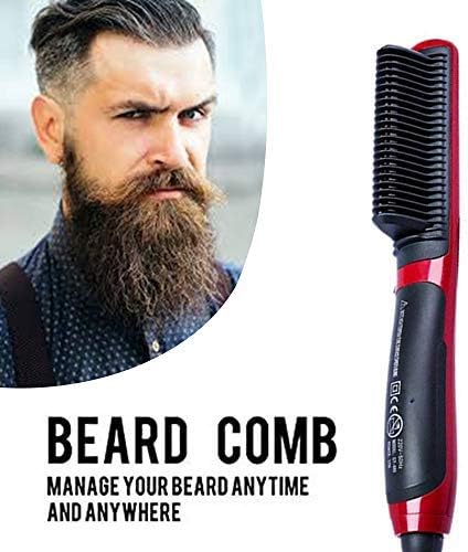 Professional Electric Beard Straightener Comb for Men - 2 in 1 Straightening and Curling Detangling Brush for Different Beard Types - Anti-Scald Ionic Heating Technology - Red Color