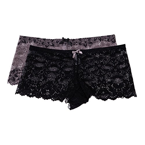 Kathy Ireland Women s 2 Pack Soft Lace Hipster Boyshort Panties Smokey Topaz/Black Large