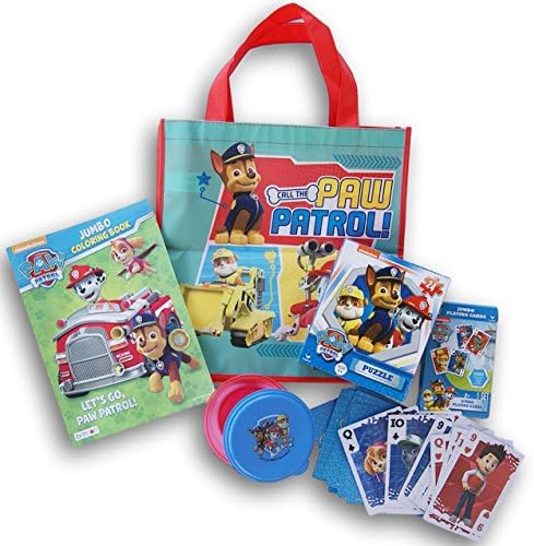 Paw Patrol On-the-Go Activity Bundle - Tote, Jumbo Coloring Book, Puzzle, Playing Cards, and Container with Lid