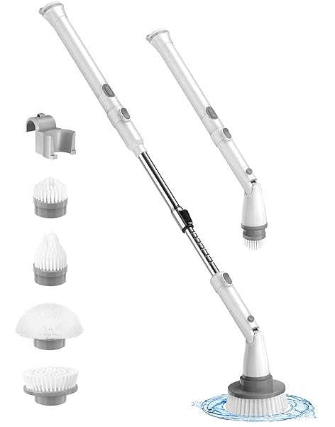 LYRIFINE ELECTRIC SPIN SCRUBBER, ELECTRIC CLEANING BRUSHES WITH EXTENDABLE HANDLE AND 4 REPLACEABLE BRUSH HEADS, ELECTRIC SCRUBBER WITH 1.5 HRS LONG WORKTIME FOR SHOWER BATHROOM TUB TILE FLOOR,WHITE