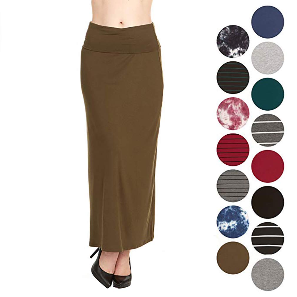 X America Womens Long Stylish Foldover Maxi Skirt, Rayon Spandex, Junior & Plus Dark Olive
