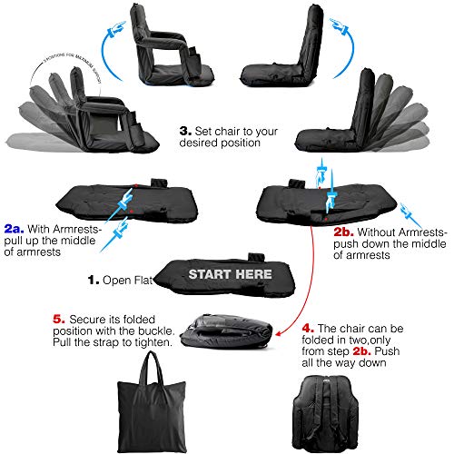 Foldable Stadium Seat for Bleachers - New & Improved 2019 Deluxe Model + Free Carry/Storage Bag- Water Resistant + Thick Padding +2 Drink Holders +Zipped Pocket (Black, Standard Size)