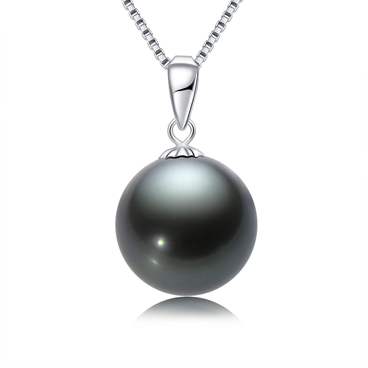 Black Pearl Necklace 10-11mm Tahitian Pearl Pendant 18K Gold South Sea Cultured Solitaire Pearl Necklaces for Women with Silver Chain - White Gold Mothers Day Gift for Mom