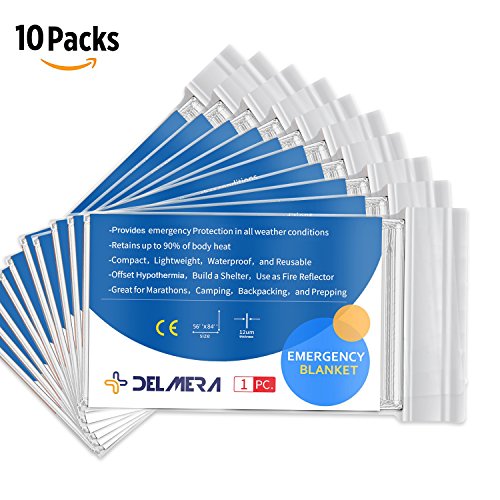 Delmera Emergency Mylar Thermal Blankets Designed for NASA and Military - Perfect for Outdoors, Hiking, Survival, Marathons or First Aid and Natural Disaster (Silver-10 packs)