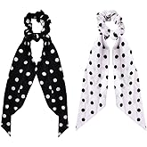 Polka Dot Hair Scrunchies for Women Girl Bowknot Ponytail Holder Stretchy Long Tail Hair Accessory Elastic Hair Band Tie Black White Polka Dot Chiffon Hairband Rubber Band Accessories 2 Pcs