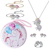 Hicdaw 7PCS Necklace for Unicorn Jewelry Set Include Bracelet Stud Earrings Coin Purse Ring Gift for Girls