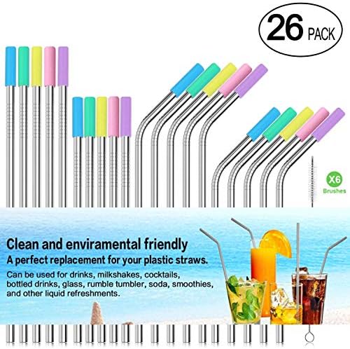 Stainless Steel Straws,Set of 20 FDA-Approved Reusable Drinking Straws for 30oz&20oz Tumbler, 10.5" 8.5" Metal Straws with 20 Soft Silicone Tips,6Cleaning Brushes(10Bent +10 Straight)