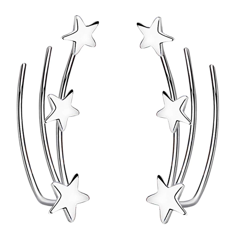 Yaneno Fashion Lovely S925 Sterling Silver Mini Stars Ear Crawler Climber Cuff Wrap Small Earring Hypoallergenic for Women Girls (White)
