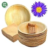 KIKI Green Compostable Bowls Set 7 Inch Round Deep [25 Disposable Bowls 25 Wooden Spoons 50 Unbleached Tissues] We Use Natural Products It is Alternative to Paper Bowls