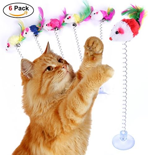 VOCOO 6pcs Retractable Cat Toys,Funny Cat Stick Including Cat Teaser Wand Interactive Feather Toy Fluffy Mouse Balls Catnip(Random Color)