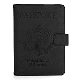 Vivefox RFID Leather Passport Holder Cover - Travel Passport Wallet Document Organizer Id Card Case (Black- 1 (with Magnet Button))