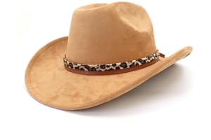 WOTFIM Classic Suede Cowboy Hat for Adult Wide Brim Western Cowgirl Hat Women Fedora Hat with Leopard Print Hatband