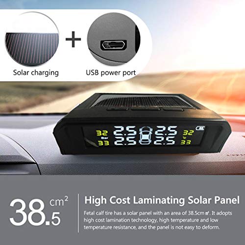 Moshbu Solar Powered TPMS Wireless Tire Pressure Monitoring System 4 Sensors DIY Tire Gauge with Auto Alarm System Real-time LED Displays for RV Trailer, External Sensor