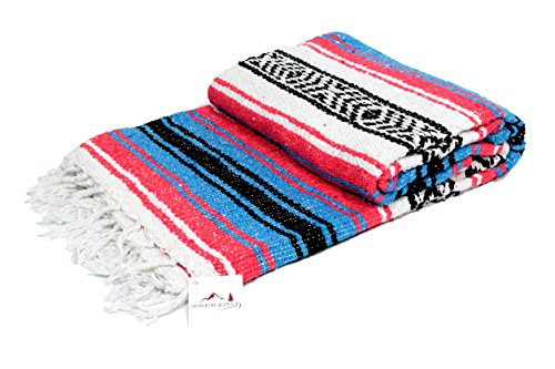 Open Road Goods Teal and Coral Mexican Blanket - Authentic Mexican Falsa Serape - Great Yoga Blanket, Beach Blanket, Picnic Blanket, or Mexican Style Home Throw! Handwoven