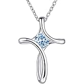 NINAMAID Cross Necklace for Women, 925 Sterling Silver Birthstone Necklace for Women with Diamond Sideways Cross Necklaces Birthstone Jewelry Birthday Gifts for Womens