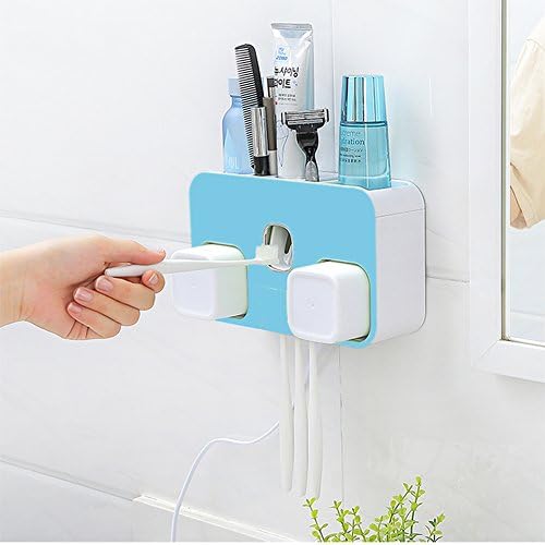 Loyogames Toothbrush Holder UV Toothbrush Sanitizer Wall Mounted Automatic Toothpaste Squeezer Dispenser Cup Sterilizer with Two Cups for Bathroom,Blue