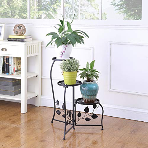 DAZONE Black 3-Tiered Indoor/Outdoor Plant Stand, 11 Inch in Height – Holds 3-Flower Pot