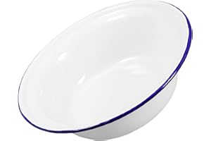 TIKODIDA Vintage 22cm White Enamel Bowl Rimmed Soup Basin Sturdy Household Enamelware for Salad Mixing